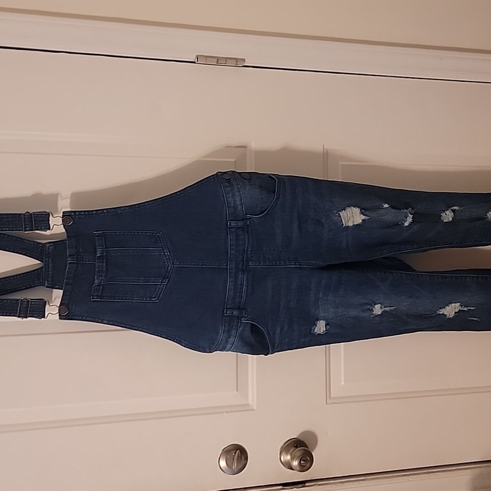 NY & Co denim overalls size 10 stretch with distressing dk wash